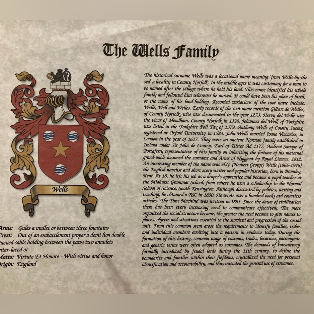 “WELLS” Family Heritage & Surname History Keepsake